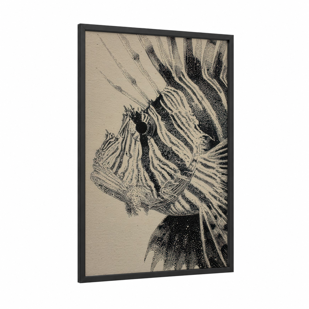 Striped Lionfish framed art print — black wood frame — black and white palette