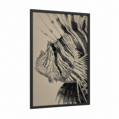 Striped Lionfish framed art print — black wood frame — black and white palette
