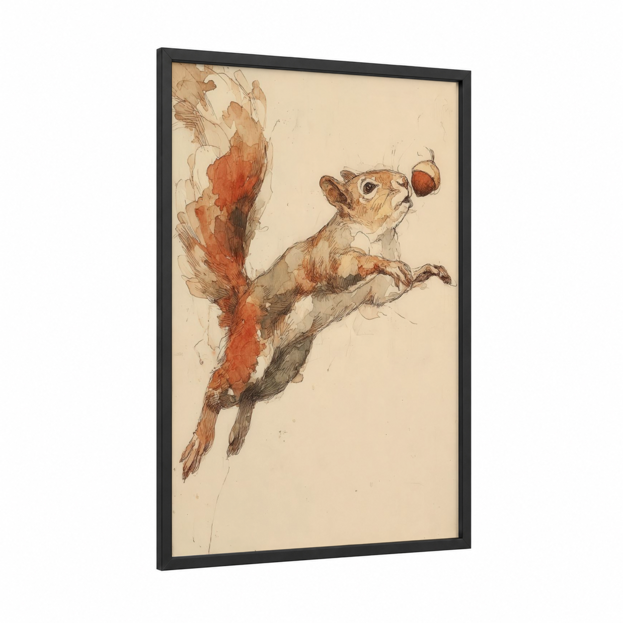 Playful Squirrel framed art print — black wood frame — beige and russet palette