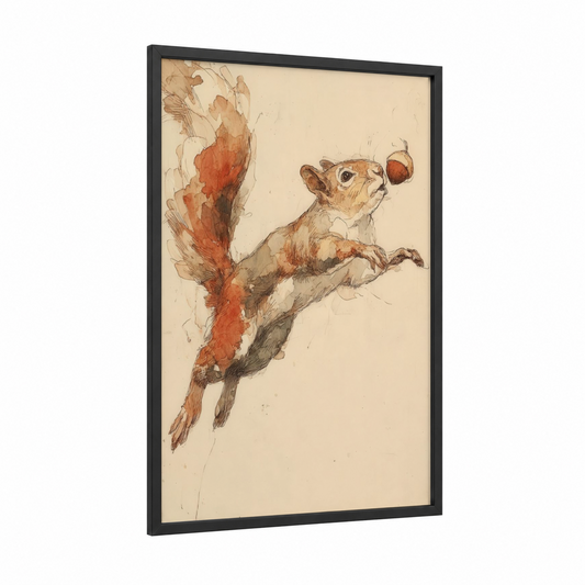 Playful Squirrel framed art print — black wood frame — beige and russet palette