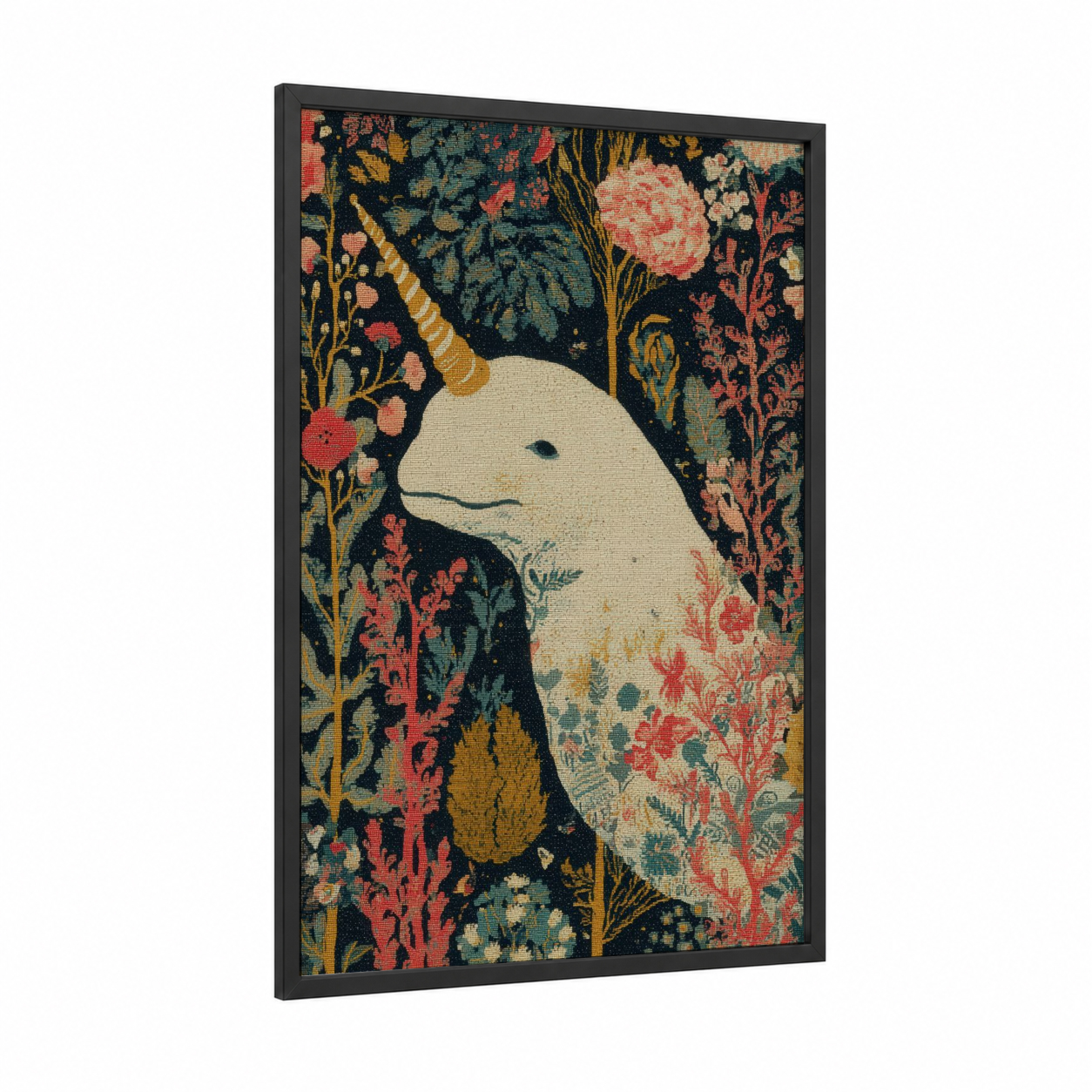 Garden Narwhal framed art print — black wood frame — cream and dark blue palette