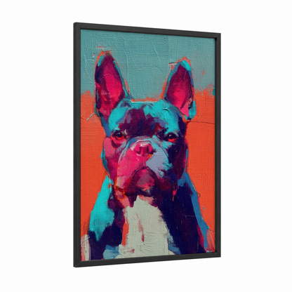 Pop Art Bulldog framed art print — black wood frame — magenta and turquoise palette