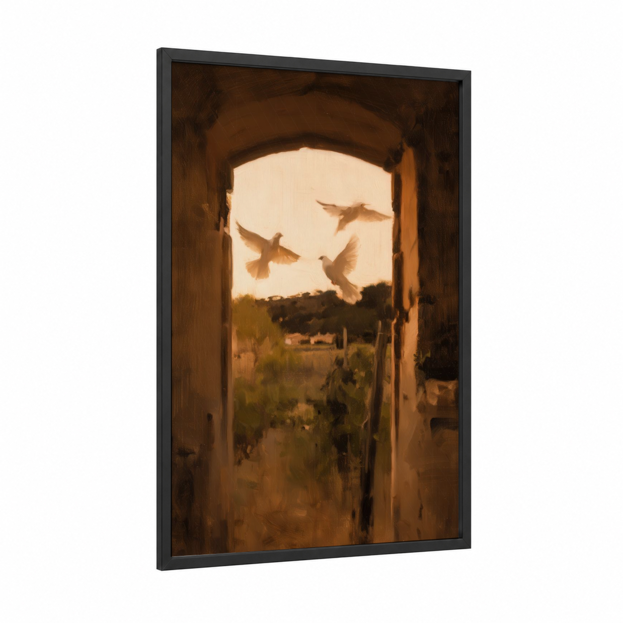 Golden Doves Freedom framed art print — black wood frame — gold and cream palette