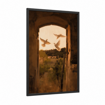 Golden Doves Freedom framed art print — black wood frame — gold and cream palette