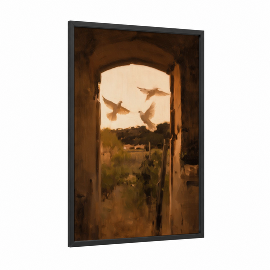 Golden Doves Freedom framed art print — black wood frame — gold and cream palette