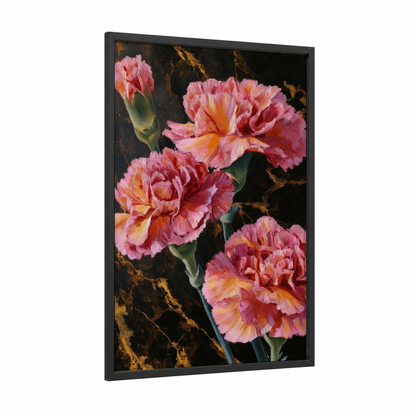 Coral Carnations framed art print — black wood frame — rose gold and black palette