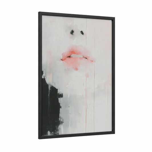 Crimson Lips framed art print — black wood frame — white and salmon pink palette