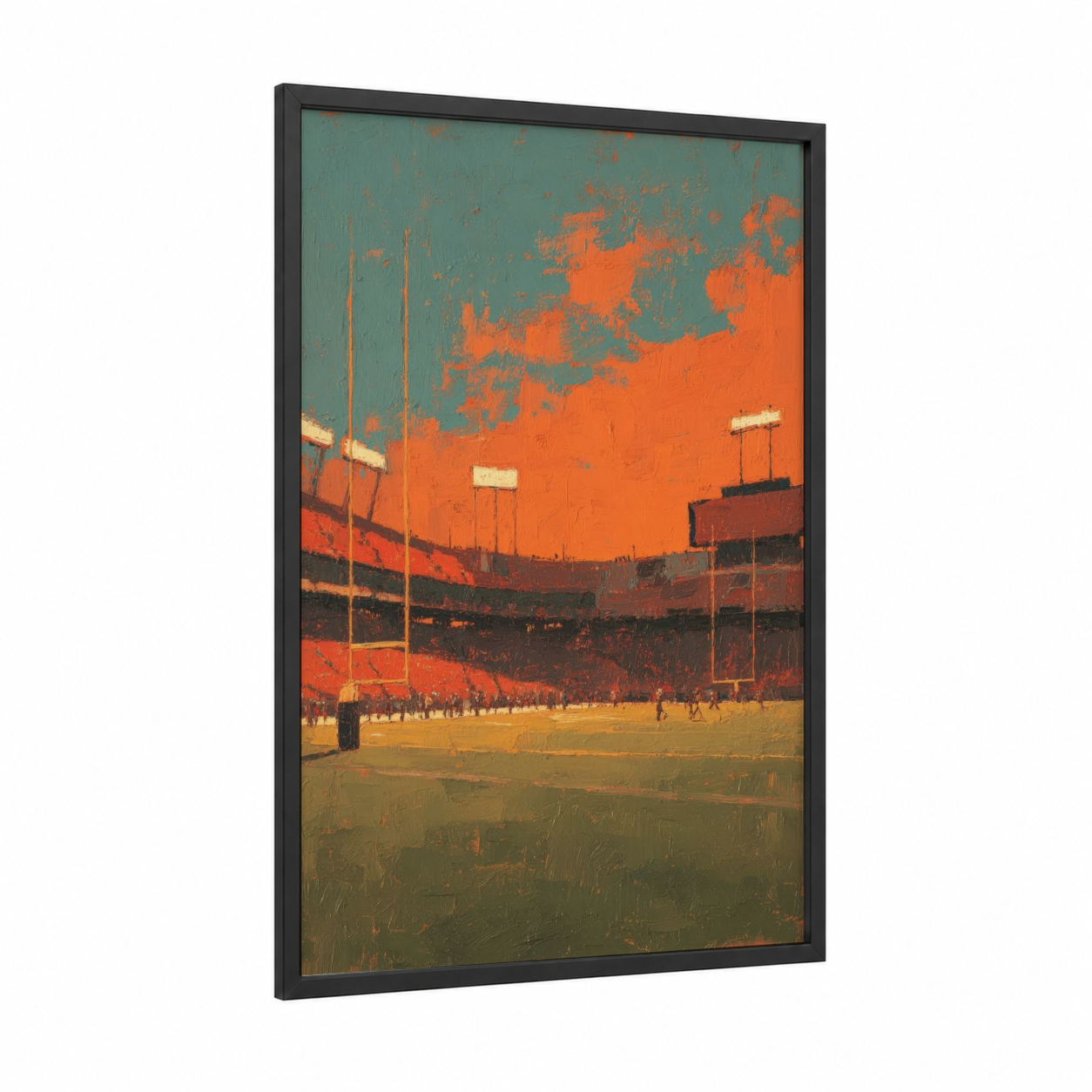 Sunset Stadium framed stadiums and fields print — black wood frame — orange and teal palette