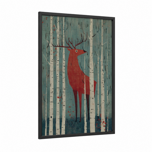 Crimson Forest Elk framed art print — black wood frame — red and sage green palette