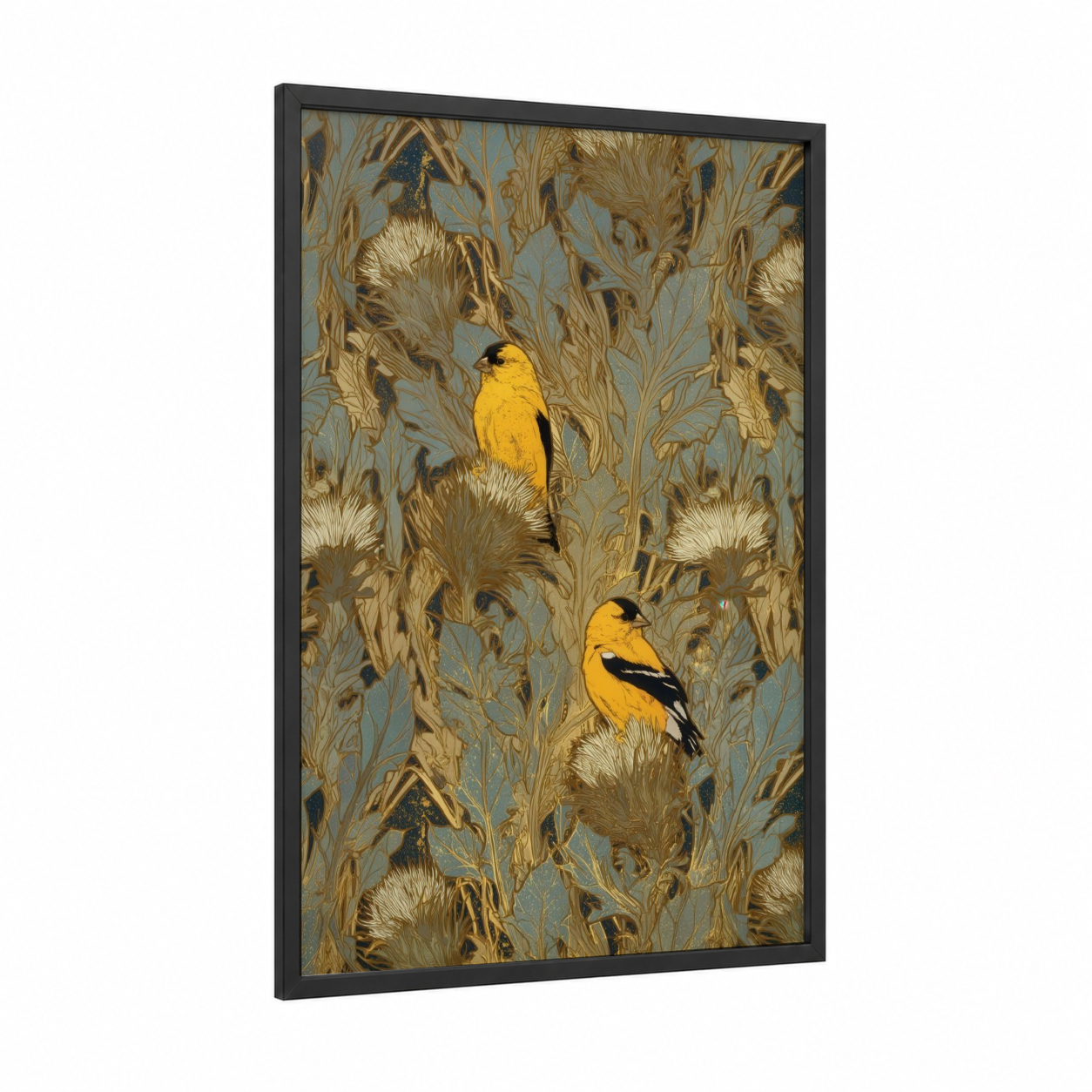Golden Finch Pair framed art print — black wood frame — gold and blue and gray palette