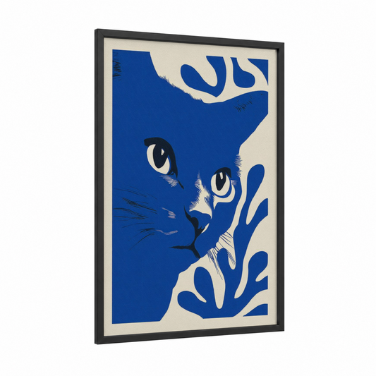 Bold Blue Cat framed art print — black wood frame — blue and cream palette