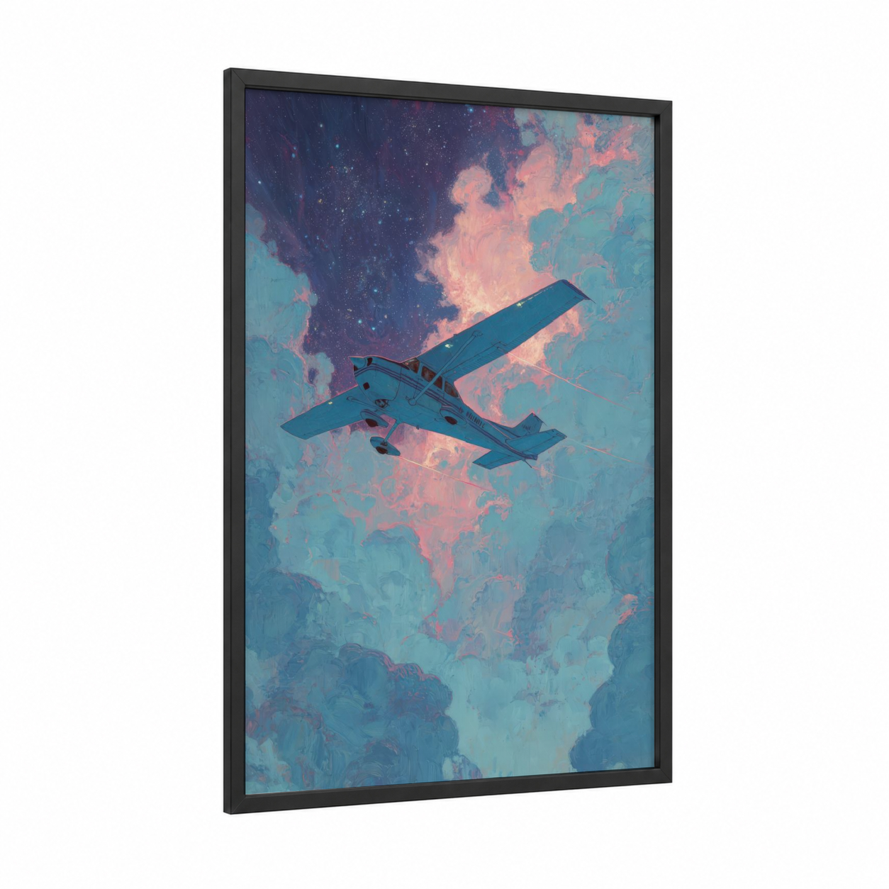 Dreamscape Propeller framed propeller plane print — black wood frame — blue and pink palette