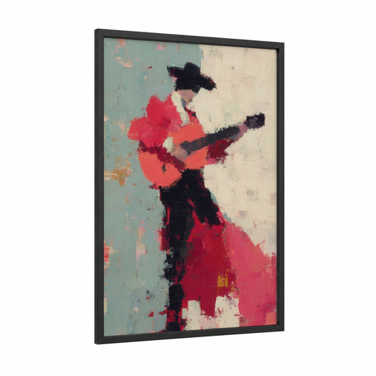 Crimson Guitarist framed musician print — black wood frame — magenta and sage green palette