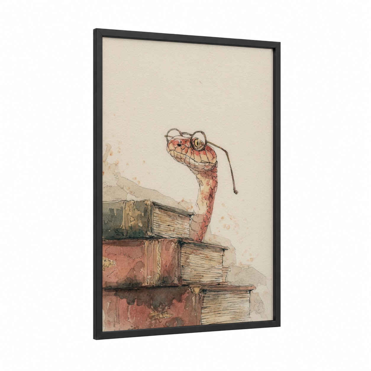 Scholarly Viper framed art print — black wood frame — cream and salmon pink palette