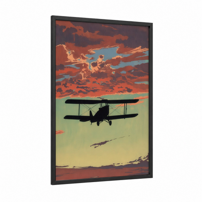 Golden Hour Biplane framed vintage airplane print — black wood frame — orange and blue and gold palette
