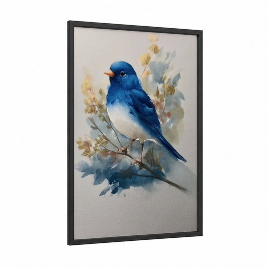 Azure Kiwi framed art print — black wood frame — blue and cream palette