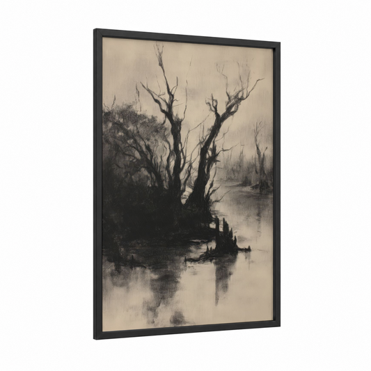 Haunted Mangrove framed art print — black wood frame — black and white and gray palette