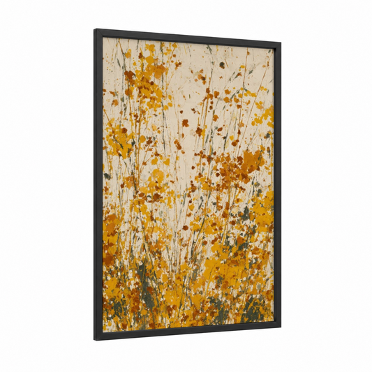 Golden Grain Field framed art print — black wood frame — yellow gold and cream palette