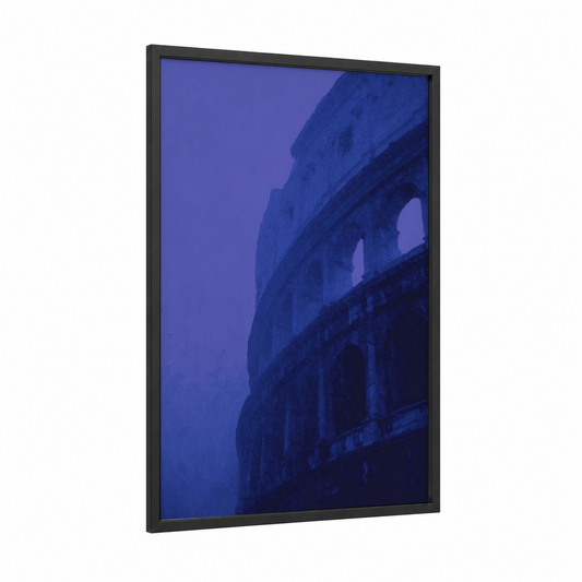Twilight Colosseum framed art print — black wood frame — dark blue and blue palette