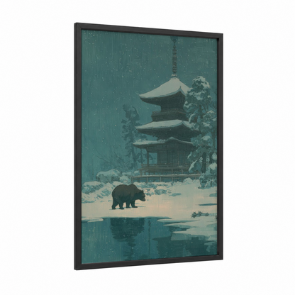 Snowy Temple Bear framed grizzly bear print — black wood frame — teal and cream palette