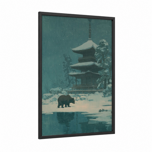 Snowy Temple Bear framed grizzly bear print — black wood frame — teal and cream palette