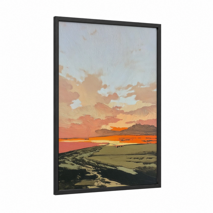 Golden Hour Valley framed various landscapes print — black wood frame — gold and orange palette