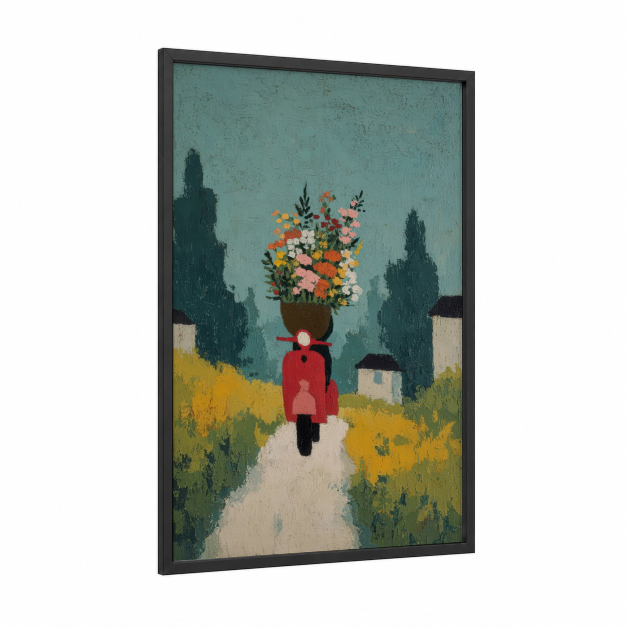 Tuscany Scooter framed art print — black wood frame — teal and yellow gold palette