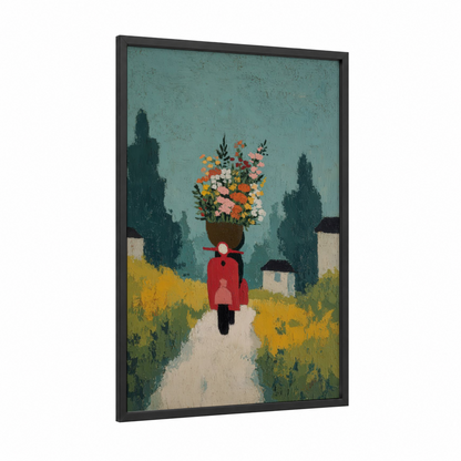 Tuscany Scooter framed art print — black wood frame — teal and yellow gold palette