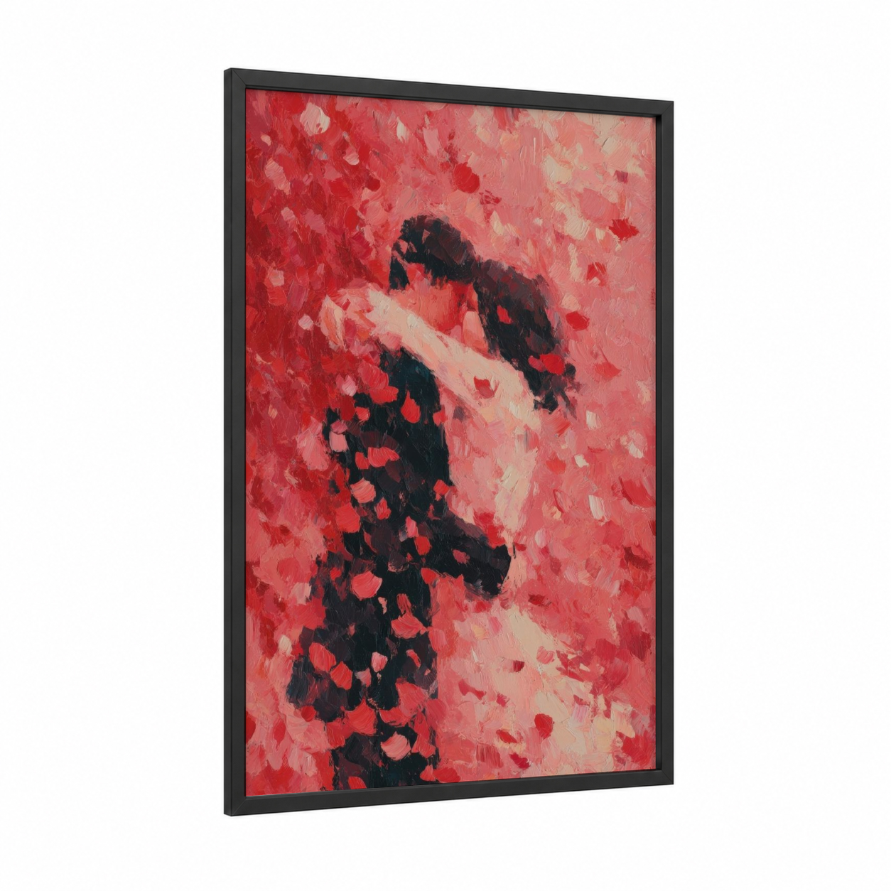 Crimson Valentine Embrace framed valentine's day print — black wood frame — red and salmon pink palette