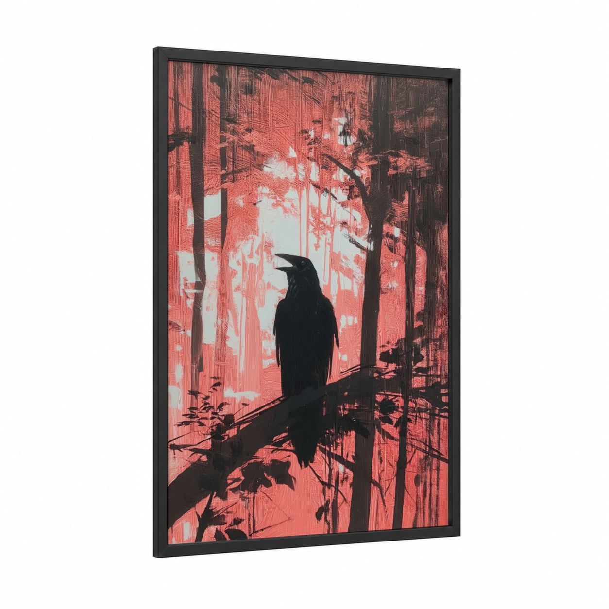 Crimson Raven framed crows and ravens print — black wood frame — black and red and gold and white palette