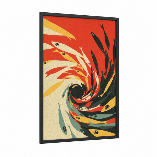 Crimson Fish Swirl framed seafood print — black wood frame — red and gold palette