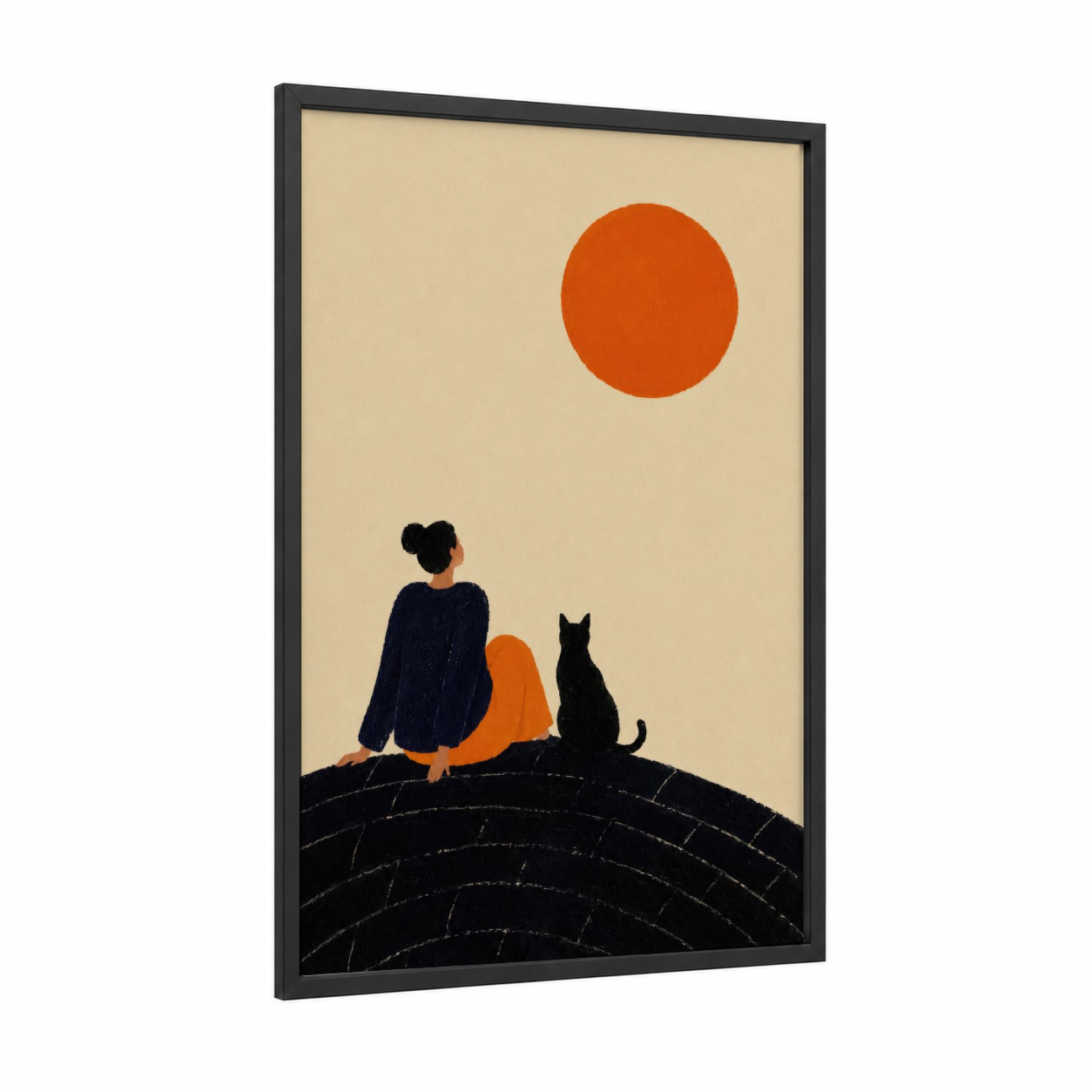 Woman and Cat Sunset Minimalist Wall Art framed art print — black wood frame — orange and beige palette