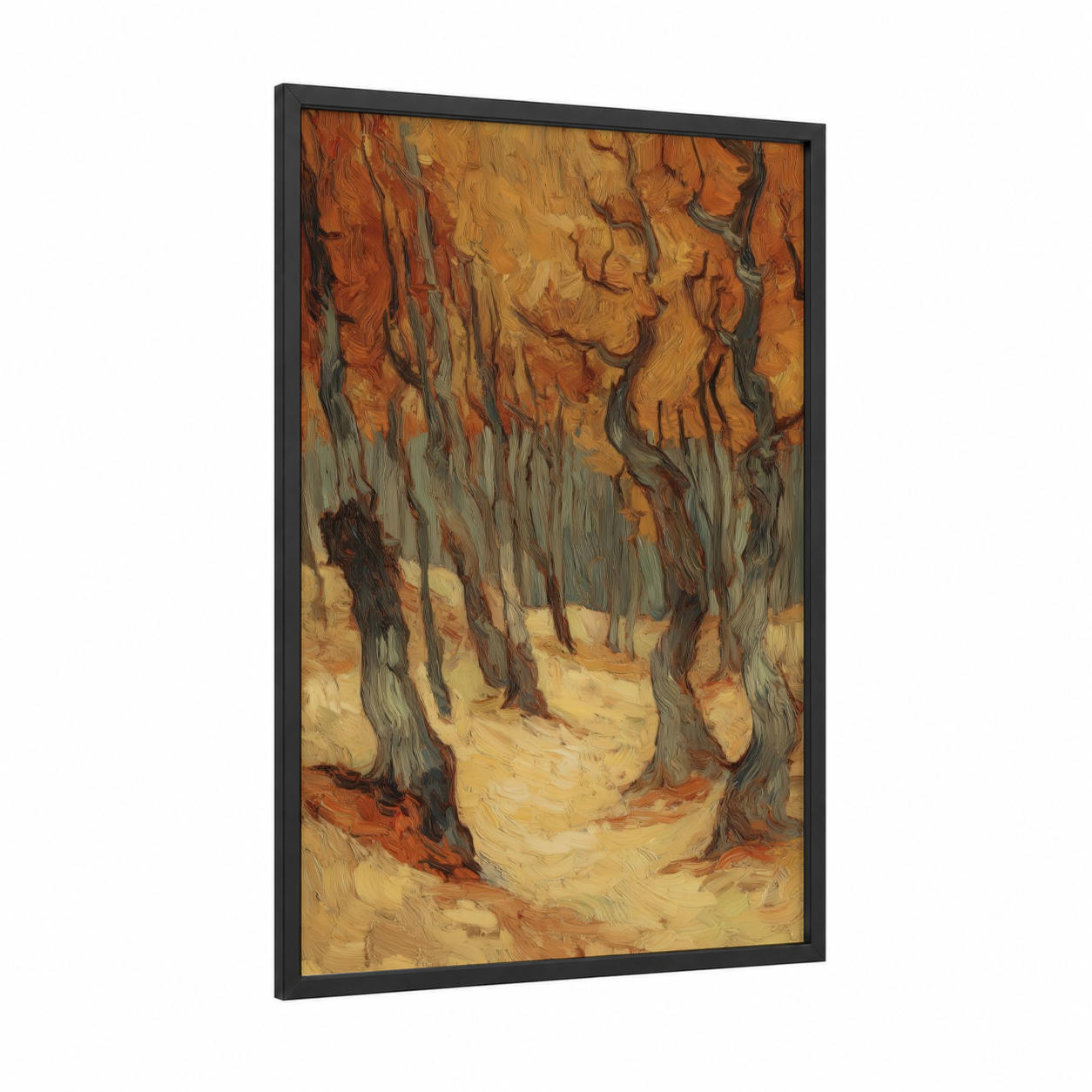 Autumn Oak Forest framed art print — black wood frame — gold and russet palette