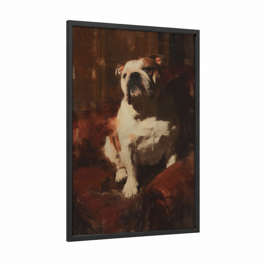 Noble Bulldog framed art print — black wood frame — russet and cream palette