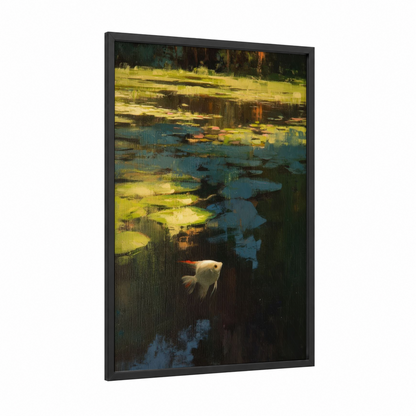 Luminous Angel Fish framed art print — black wood frame — gold and teal palette