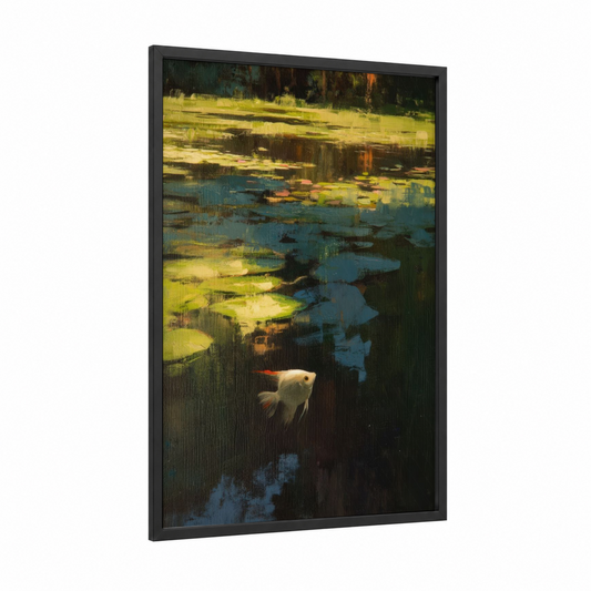 Luminous Angel Fish framed art print — black wood frame — gold and teal palette