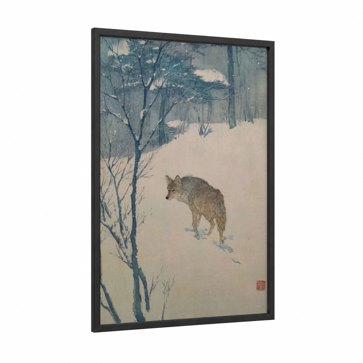 Snowy Coyote framed art print — black wood frame — blue and gray and cream palette
