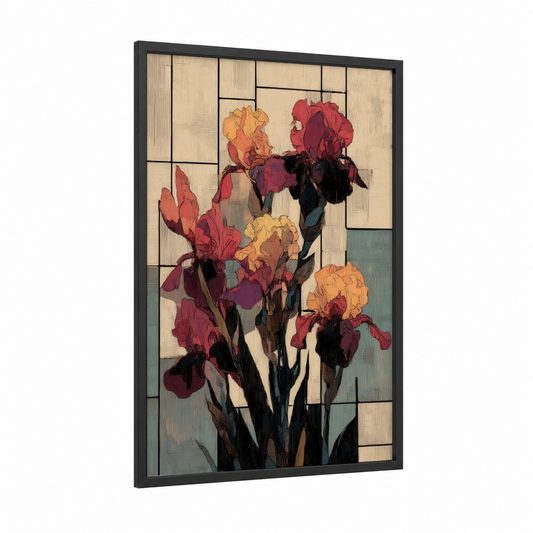 Geometric Iris framed art print — black wood frame — gold and maroon palette