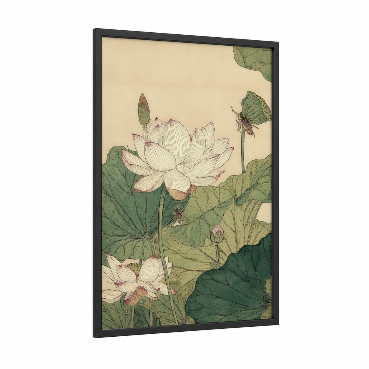 Lotus Pond Serenity framed art print — black wood frame — cream and sage green palette