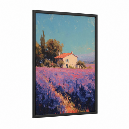 Lavender Cottage framed art print — black wood frame — purple and gold palette