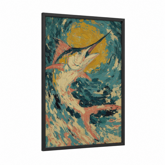 Golden Marlin framed art print — black wood frame — gold and teal palette