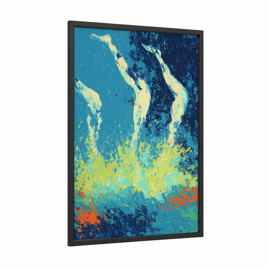 Synchronized Elegance framed synchronized swimming print — black wood frame — blue and yellow and teal palette