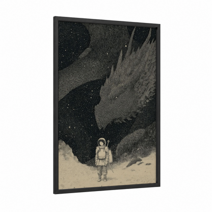Lunar Explorer framed kids magic and fantasy print — black wood frame — black and white and gray palette