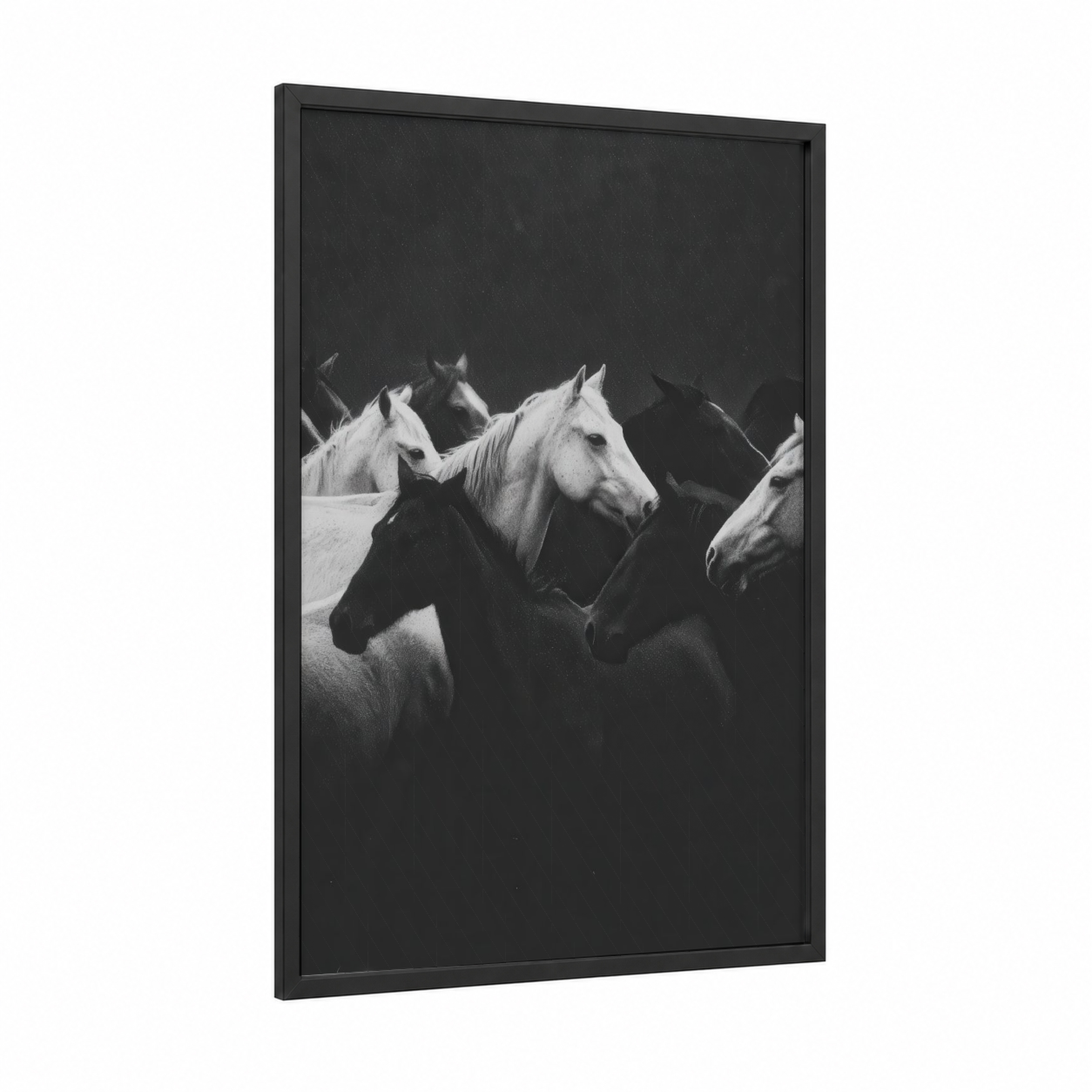 Dramatic Horse Herd framed horse racing print — black wood frame — black and white palette