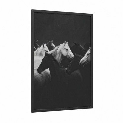Dramatic Horse Herd framed horse racing print — black wood frame — black and white palette