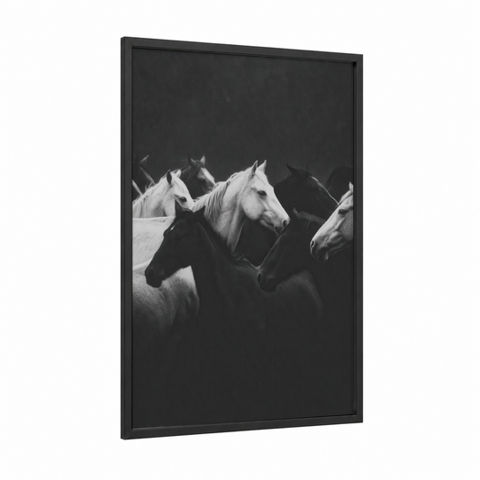 Dramatic Horse Herd framed horse racing print — black wood frame — black and white palette