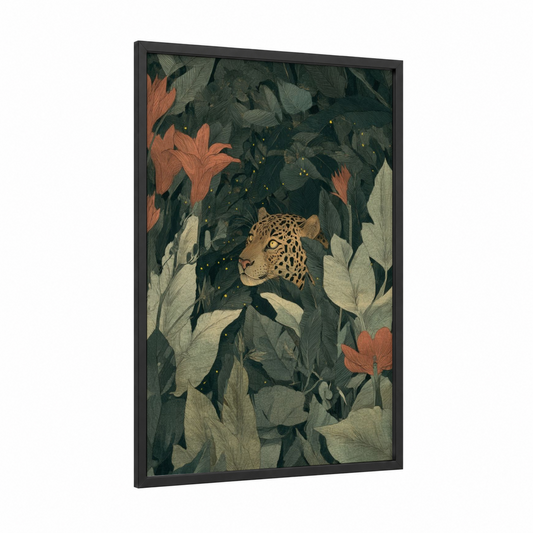 Leopard Fireflies framed art print — black wood frame — dark green and salmon pink palette