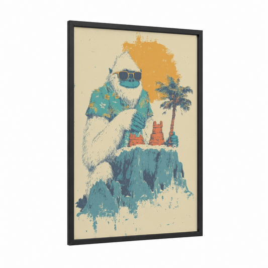 Tropical Yeti framed art print — black wood frame — teal and gold palette
