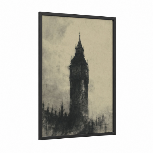 Foggy Big Ben framed art print — black wood frame — black and white and gray palette