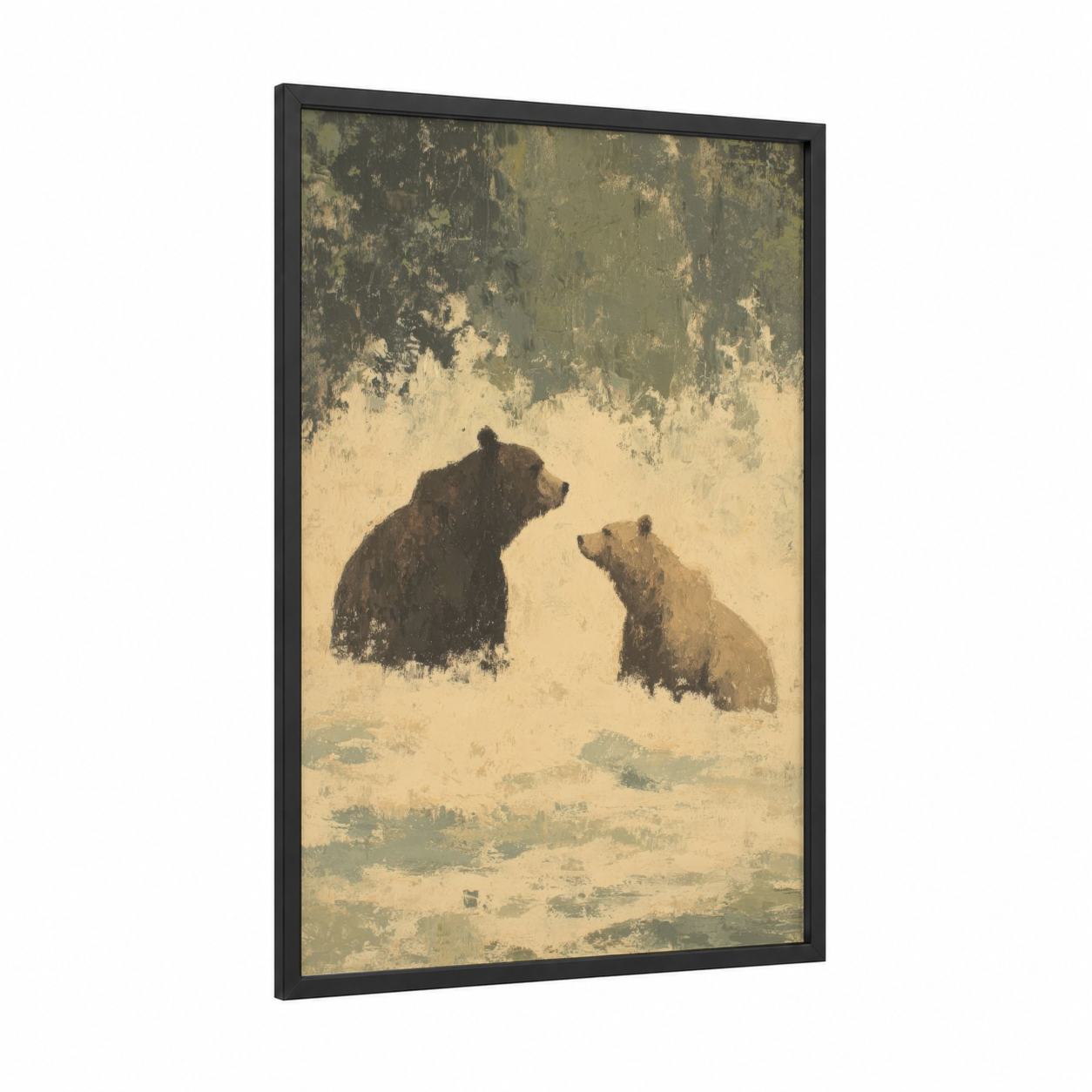 Snowy Bear Pair framed animals in love print — black wood frame — cream and sage green palette
